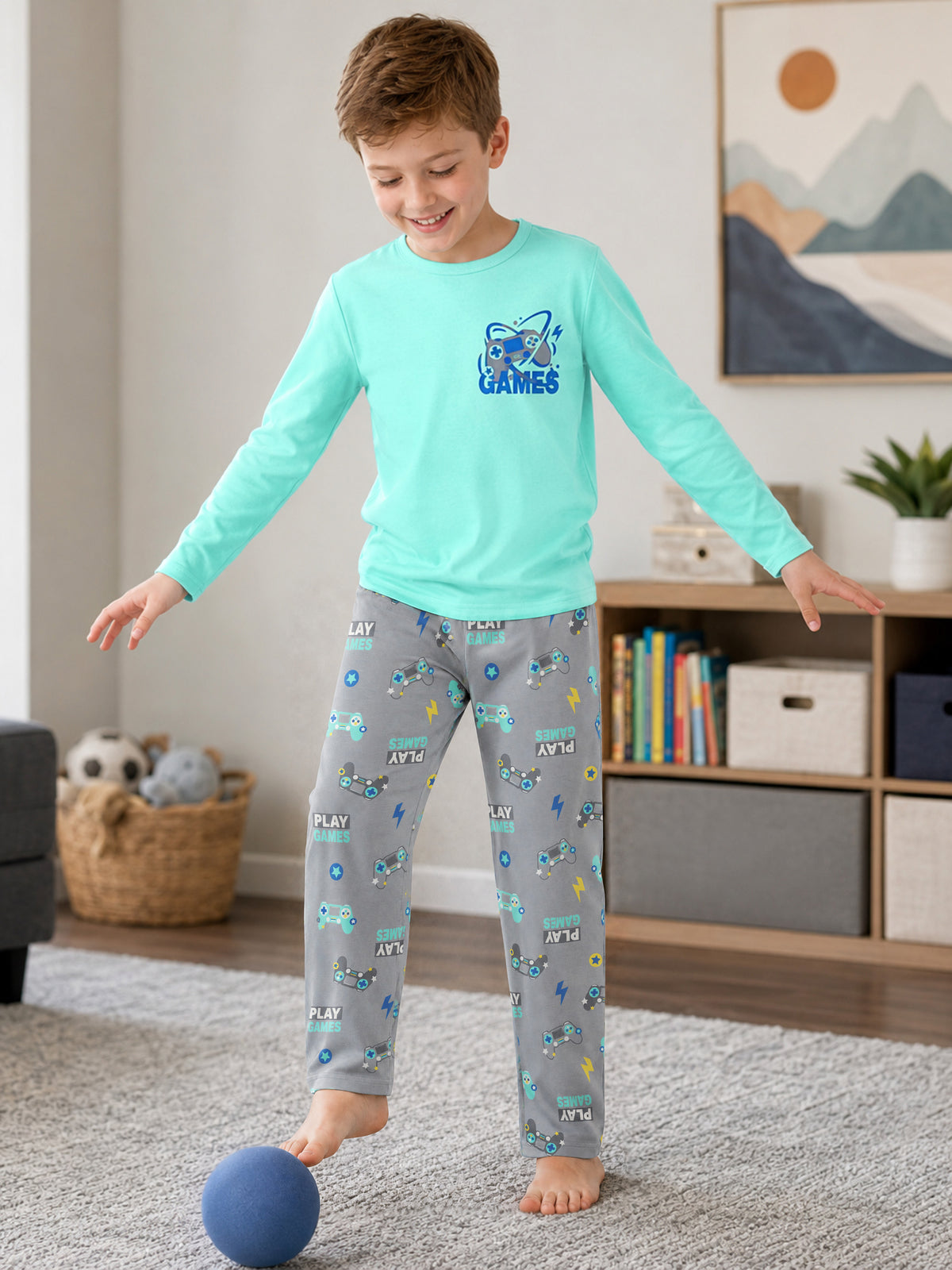 Beezizac boys pajama set — Mint‑Grey Game Controller & Play Games