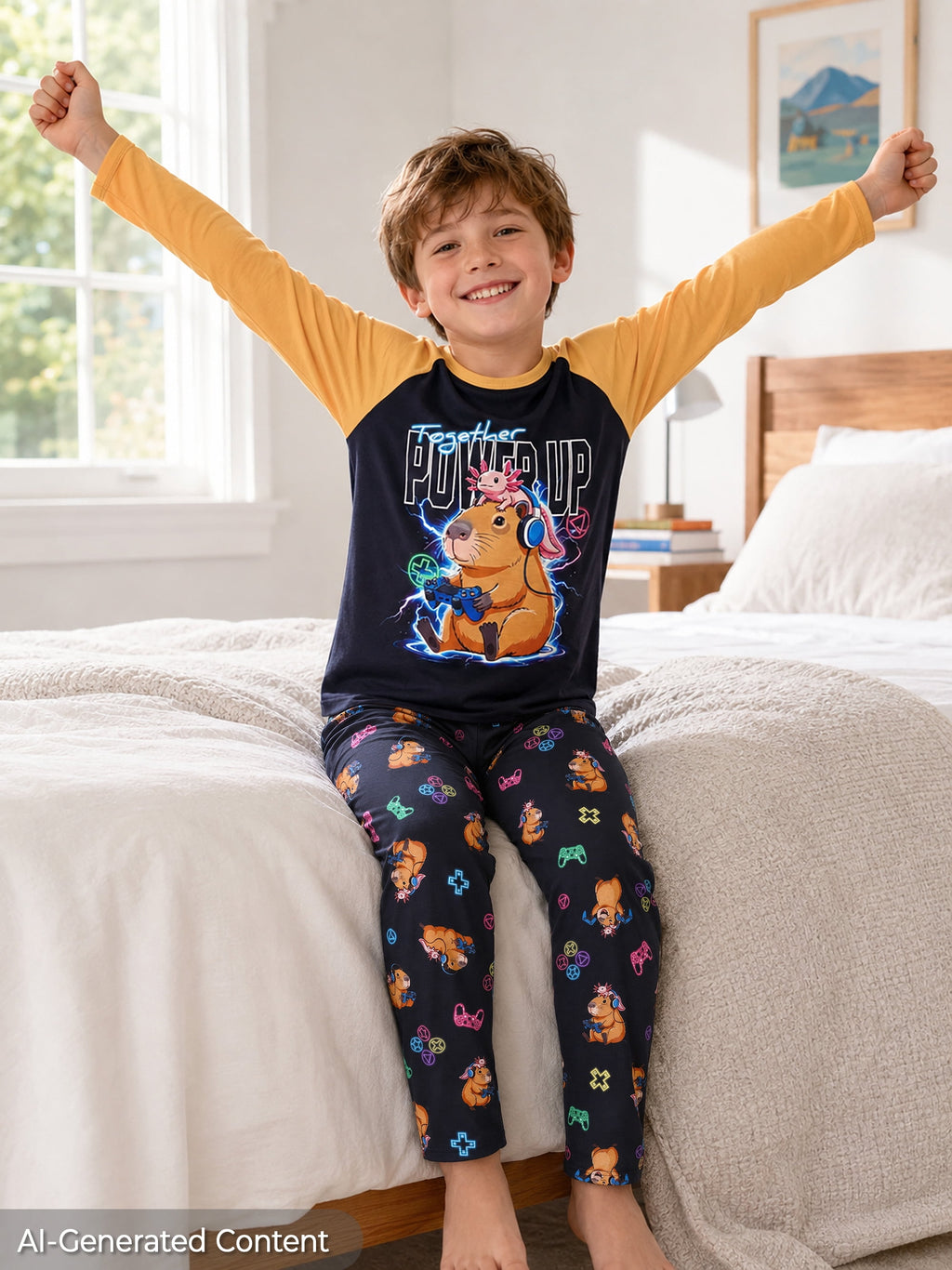 Beezizac Boys’ 2-Piece Long Sleeve Pajama Set – Sports, Gaming & Character Prints – Black Orange "Power Up" Capybara & Axolotl