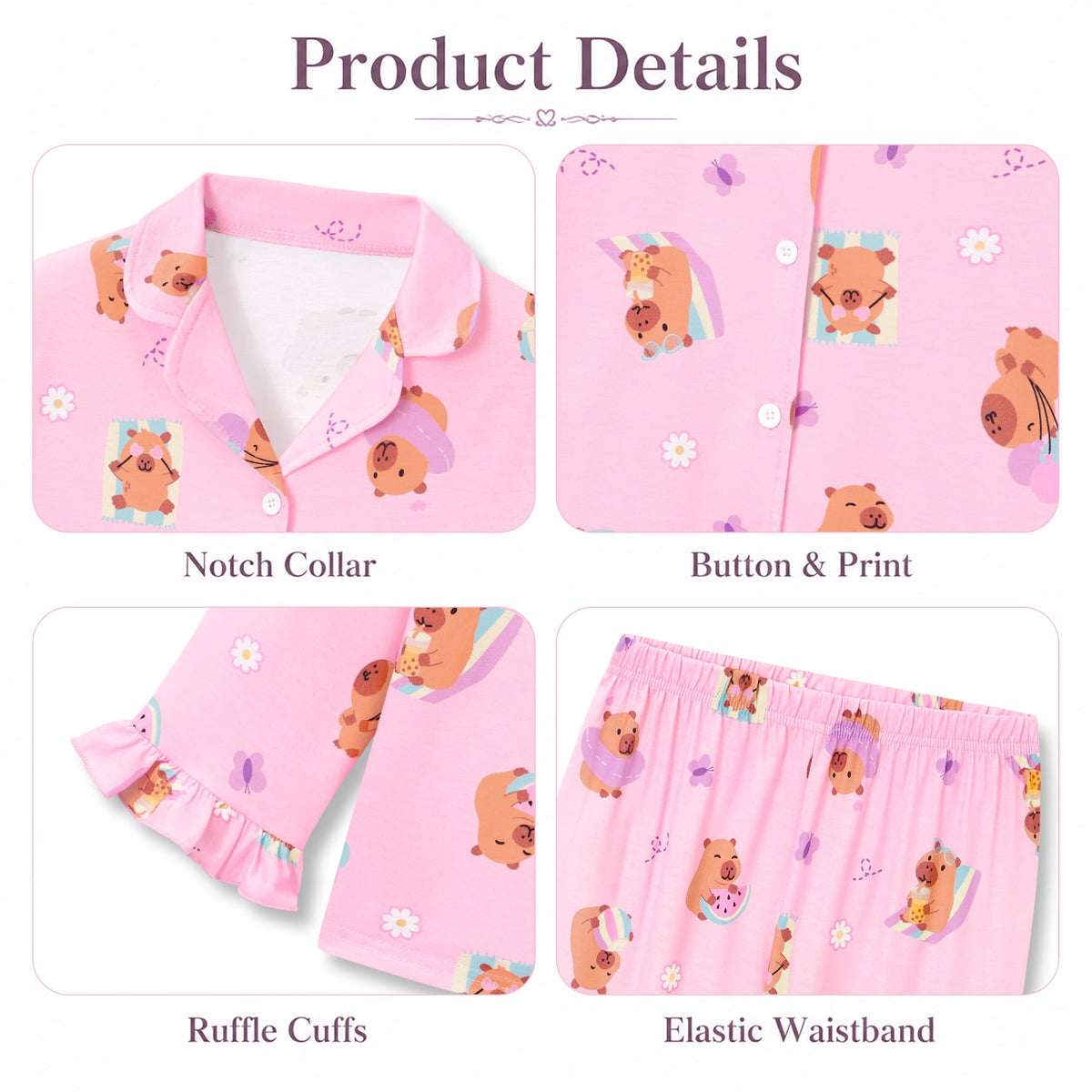 Beezizac Girls’ Long Sleeve Button-Down Pajama Set – Assorted Prints – Pink Vacation Capybara (Long sleeves & Long Pants)