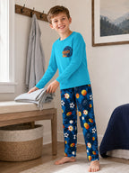 Beezizac boys pajama set — Teal‑Navy Basketball & Multi‑Sport Balls