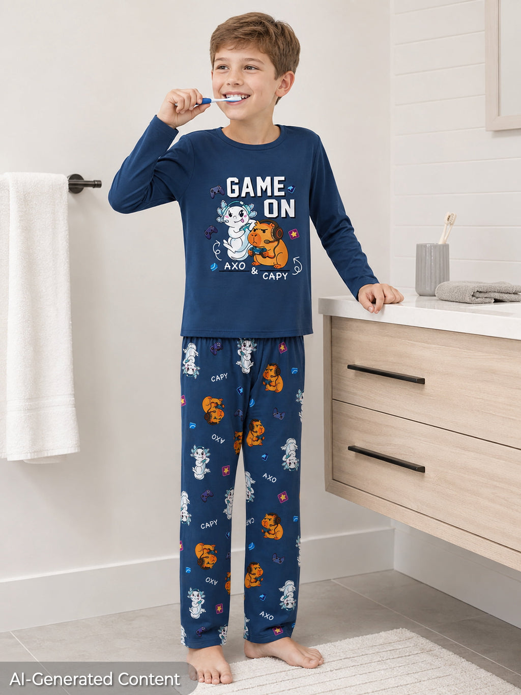 Beezizac Boys’ 2-Piece Long Sleeve Pajama Set – Sports, Gaming & Character Prints – Blue "Game On" Capybara & Axolot