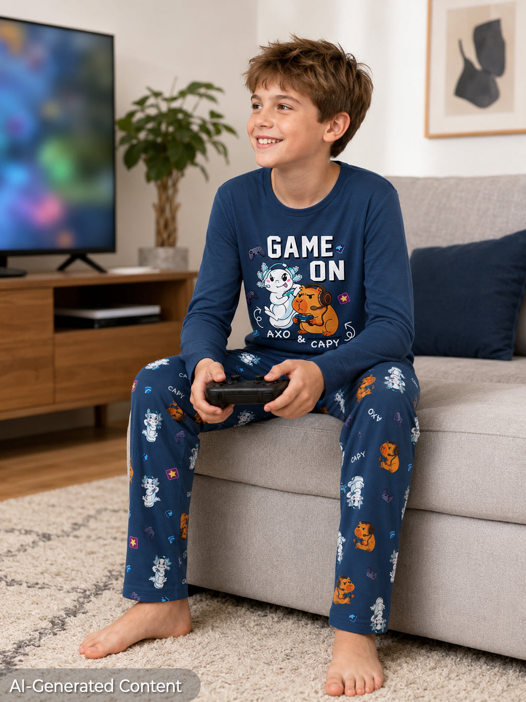 Beezizac Boys’ 2-Piece Long Sleeve Pajama Set – Sports, Gaming & Character Prints – Blue "Game On" Capybara & Axolot