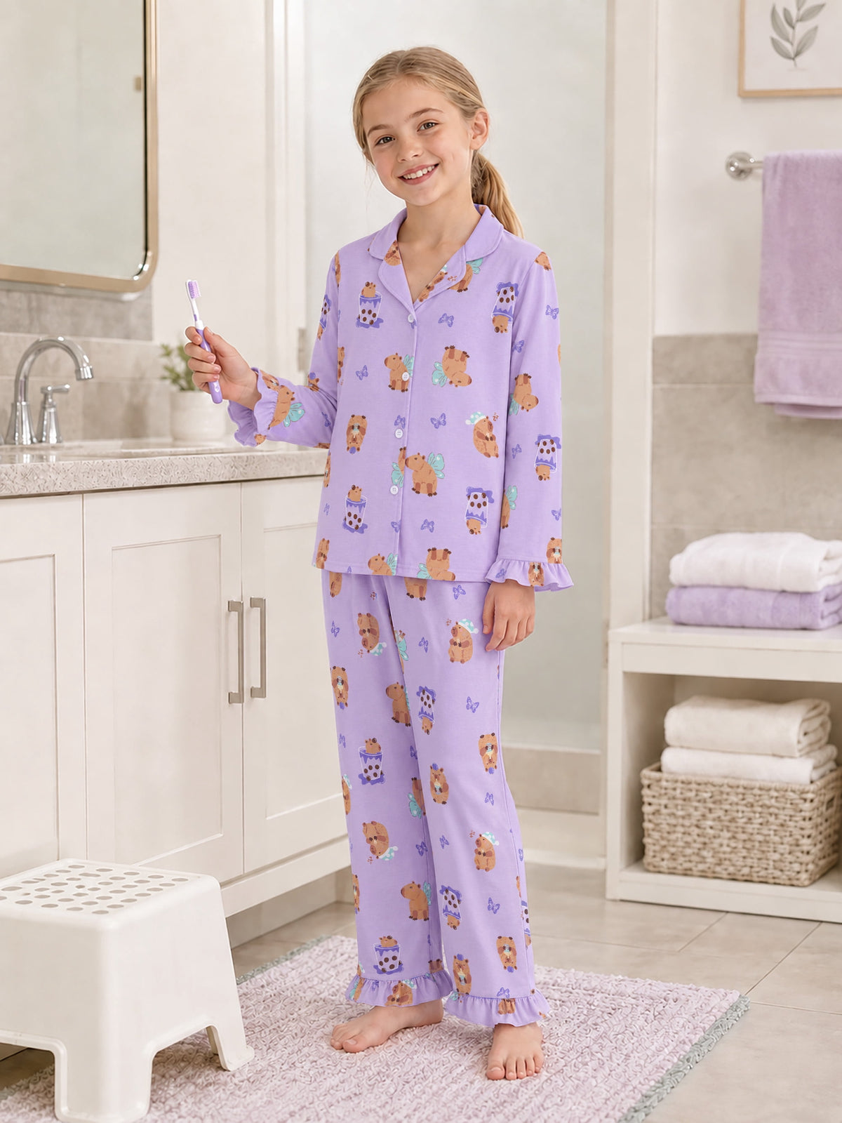 Beezizac Girls’ Long Sleeve Button-Down Pajama Set – Assorted Prints – Light Purple Capybara Bubble Tea (Long sleeves & Long Pants)