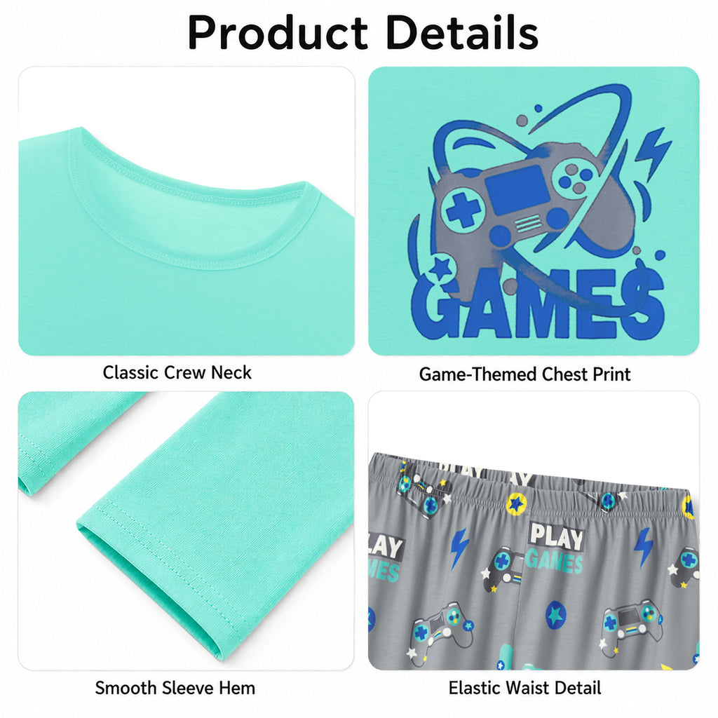 Beezizac boys pajama set — Mint‑Grey Game Controller & Play Games