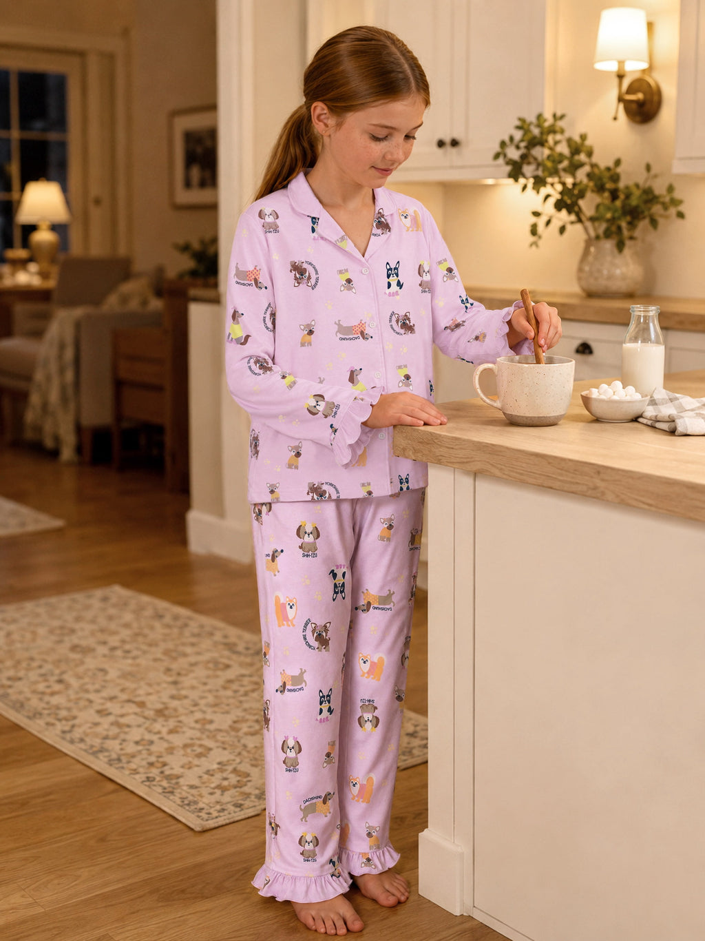Beezizac Girls’ Long Sleeve Button-Down Pajama Set – Assorted Prints – Lilac Cartoon Puppies (Long sleeves & Long Pants)