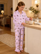 Beezizac Girls’ Long Sleeve Button-Down Pajama Set – Assorted Prints – Lilac Cartoon Puppies (Long sleeves & Long Pants)