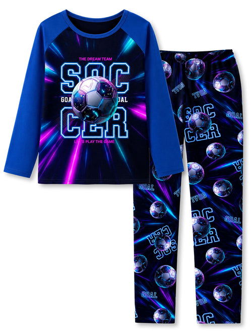 Beezizac Boys’ 2-Piece Long Sleeve Pajama Set – Sports, Gaming & Character Prints – Black‑Blue Neon Soccer Graphic