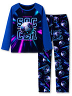 Beezizac Boys’ 2-Piece Long Sleeve Pajama Set – Sports, Gaming & Character Prints – Black‑Blue Neon Soccer Graphic