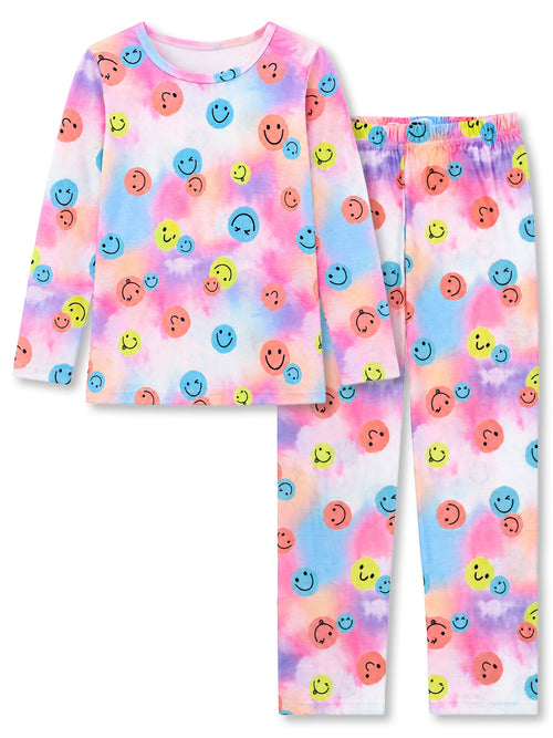 Beezizac Girls’ 2-Piece Long Sleeve Pajama Set – Character & Holiday Prints – Colorful Tie Dye Smiley Face (Long sleeves)