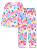 Beezizac Girls’ 2-Piece Long Sleeve Pajama Set – Character & Holiday Prints – Colorful Tie Dye Smiley Face (Long sleeves)