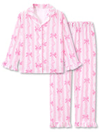 Beezizac Girls’ Long Sleeve Button-Down Pajama Set – Assorted Prints – Pink Striped Bows (Long sleeves & Long Pants)