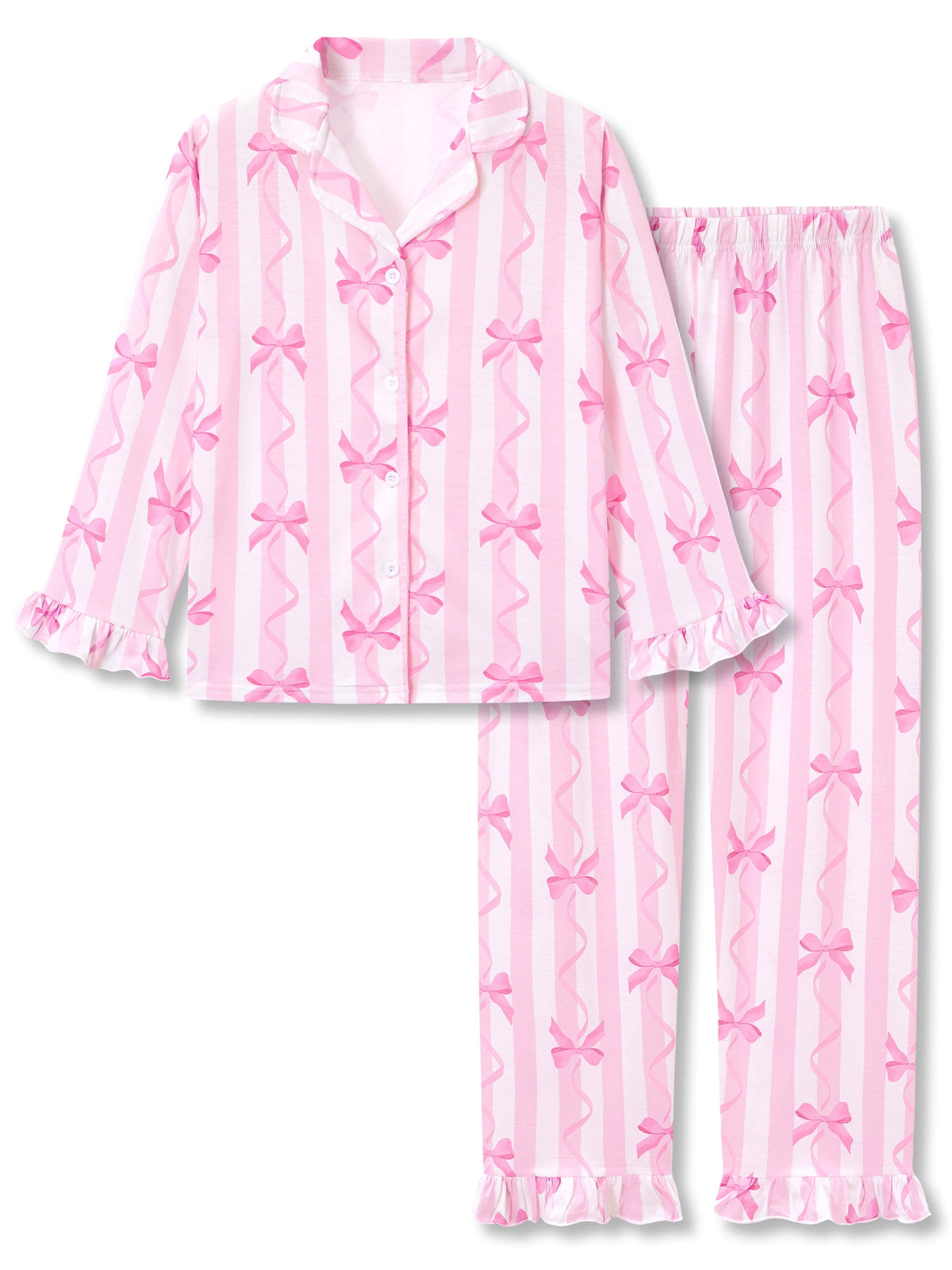 Beezizac Girls’ Long Sleeve Button-Down Pajama Set – Assorted Prints – Pink Striped Bows (Long sleeves & Long Pants)