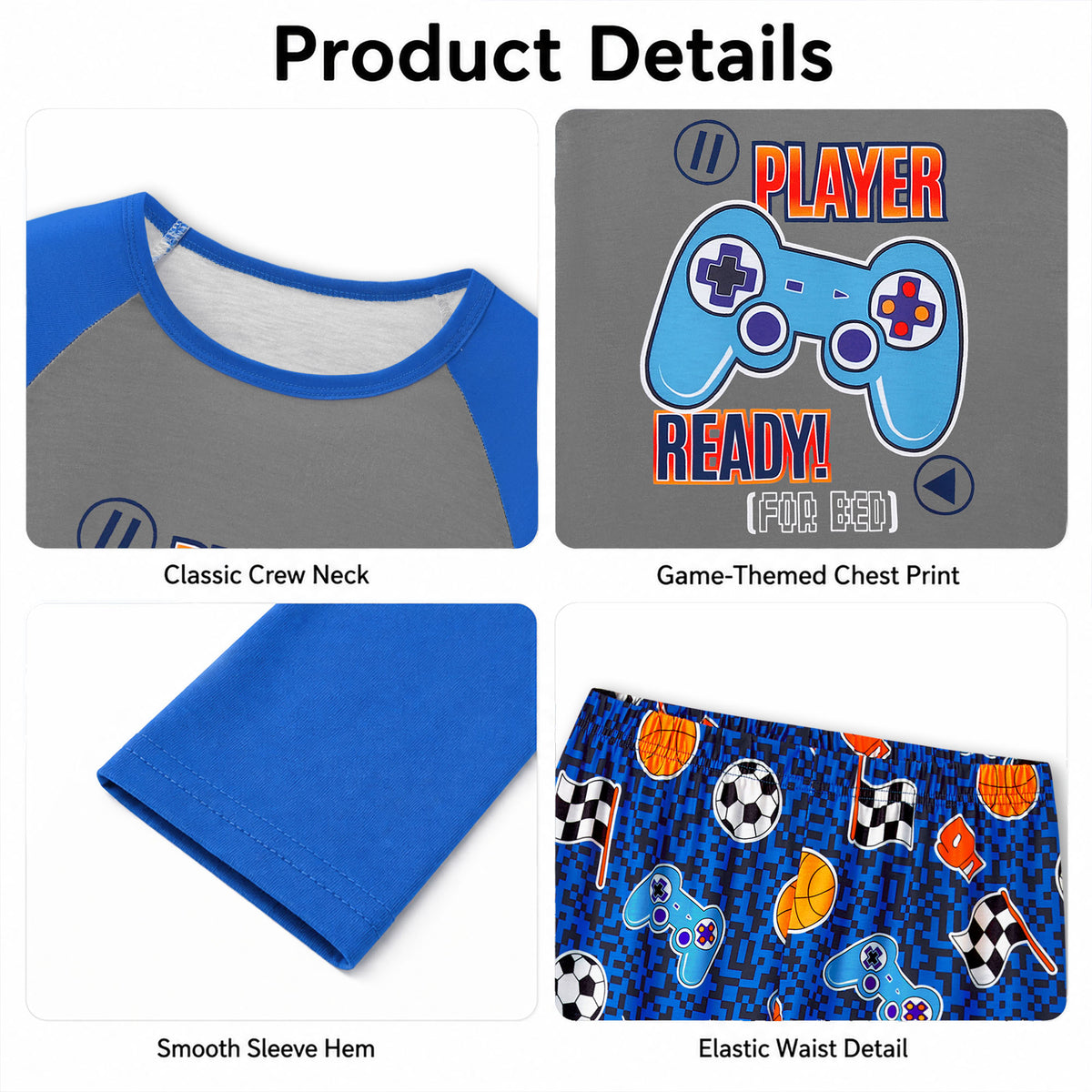 Beezizac boys pajama set — Grey‑Blue Raglan Player Ready Game‑Sports