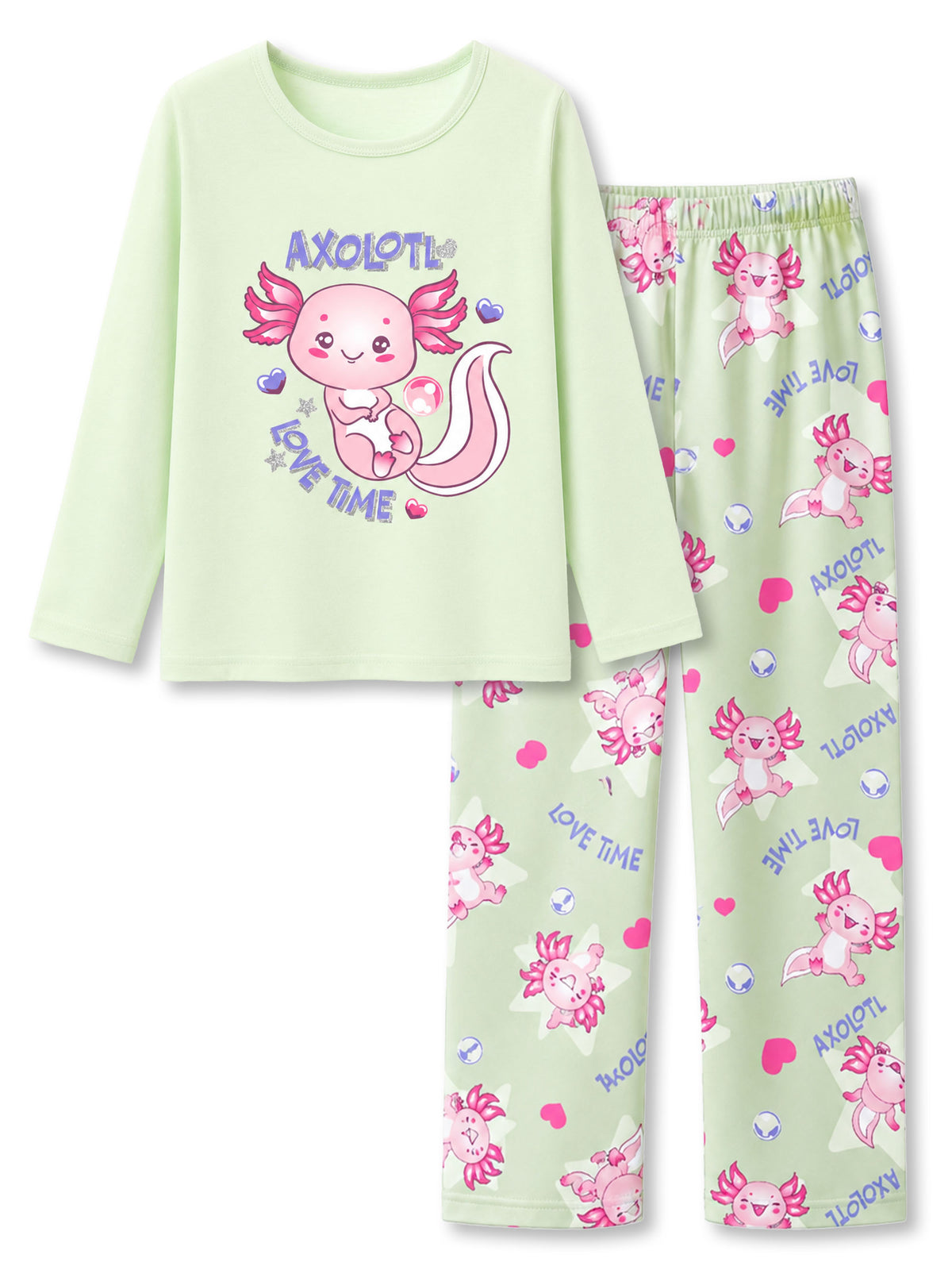 Beezizac girls pajama set - Mint Green Axolotl (Long Sleeve & Wide Leg Pant)