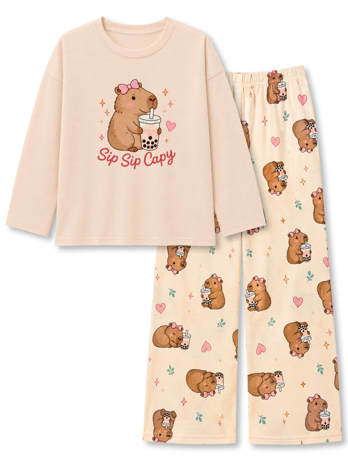 Beezizac girls pajama set - Cream Bubble Tea Capybara (Long Sleeve & Wide Leg Pant)
