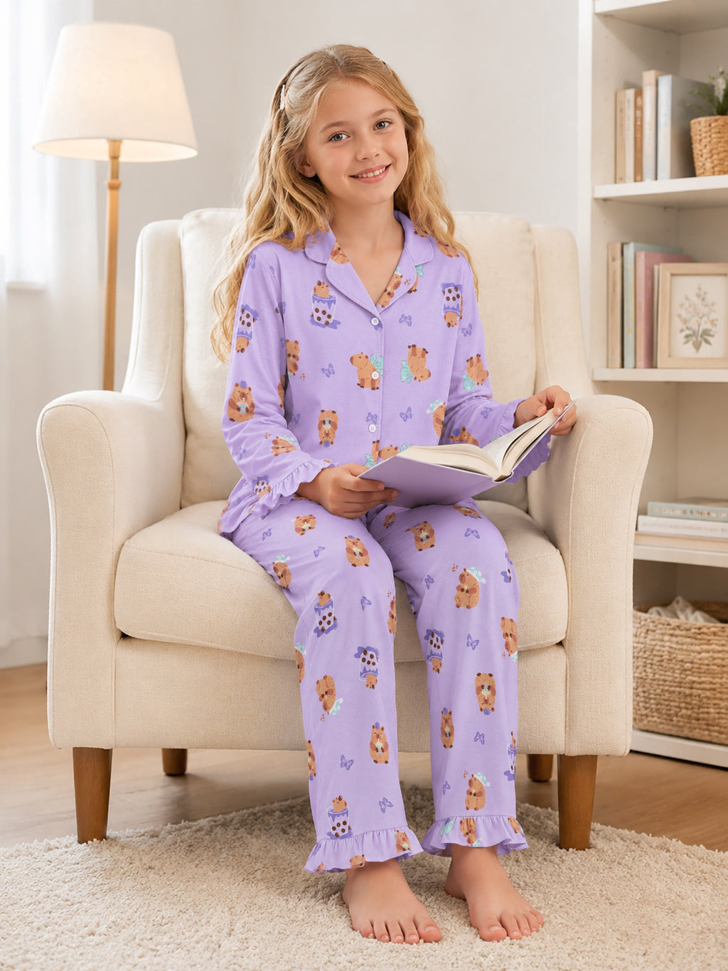 Beezizac Girls’ Long Sleeve Button-Down Pajama Set – Assorted Prints – Light Purple Capybara Bubble Tea (Long sleeves & Long Pants)