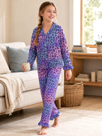 Beezizac Girls’ Long Sleeve Button-Down Pajama Set – Assorted Prints – Gradient Pink Purple Blue Leopard (Long sleeves & Long Pants)
