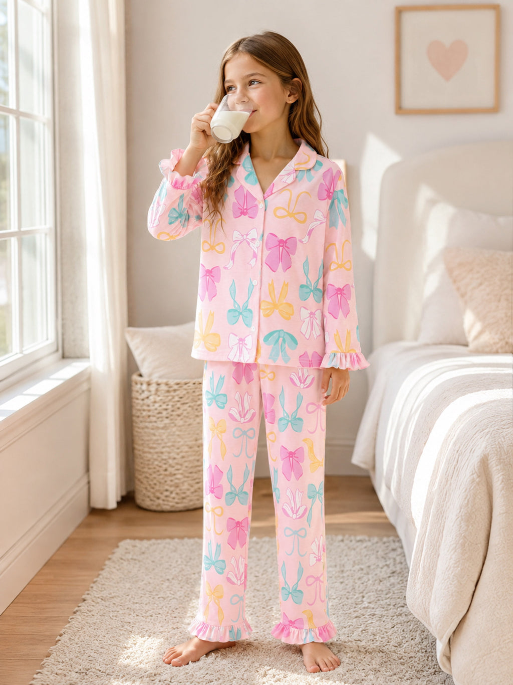 Beezizac Girls’ Long Sleeve Button-Down Pajama Set – Assorted Prints – Pink Colorful Bow (Long sleeves & Long Pants)