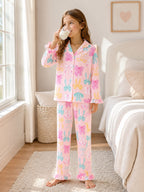 Beezizac Girls’ Long Sleeve Button-Down Pajama Set – Assorted Prints – Pink Colorful Bow (Long sleeves & Long Pants)