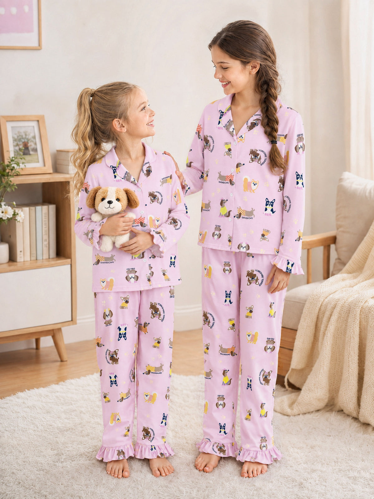 Beezizac Girls’ Long Sleeve Button-Down Pajama Set – Assorted Prints – Lilac Cartoon Puppies (Long sleeves & Long Pants)