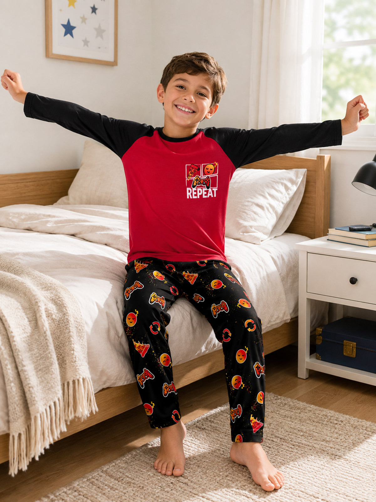 Beezizac boys pajama set — Red‑Black Raglan Repeat Pizza & Sleepy Face