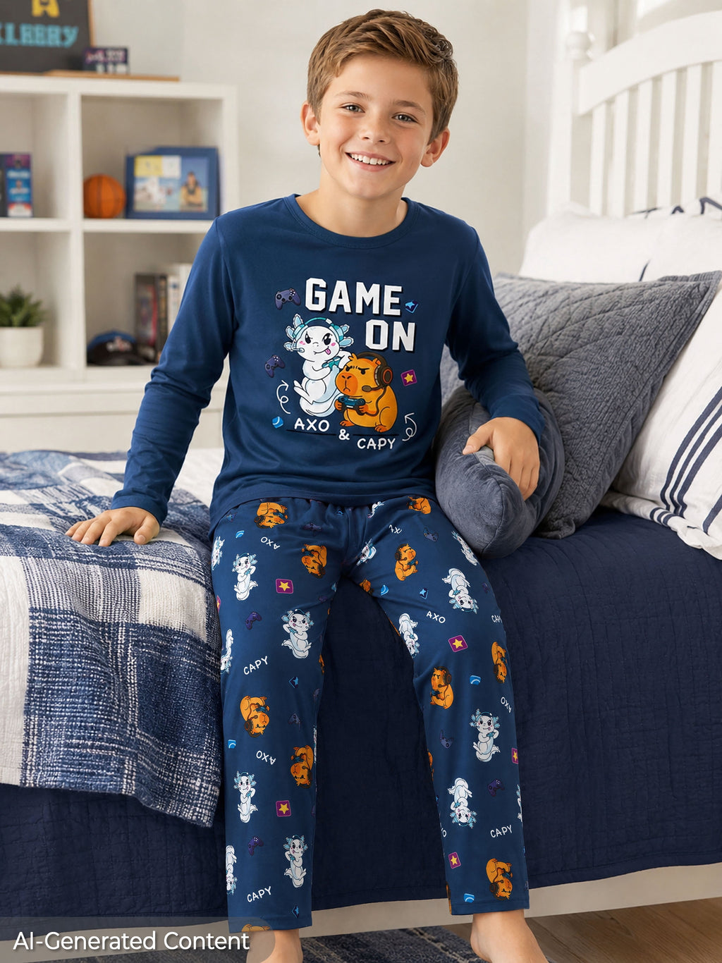 Beezizac Boys’ 2-Piece Long Sleeve Pajama Set – Sports, Gaming & Character Prints – Blue "Game On" Capybara & Axolot
