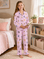 Beezizac Girls’ Long Sleeve Button-Down Pajama Set – Assorted Prints – Lilac Cartoon Puppies (Long sleeves & Long Pants)