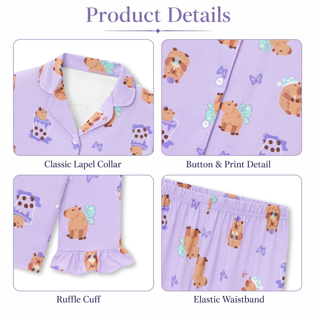 Beezizac Girls’ Long Sleeve Button-Down Pajama Set – Assorted Prints – Light Purple Capybara Bubble Tea (Long sleeves & Long Pants)