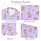 Beezizac Girls’ Long Sleeve Button-Down Pajama Set – Assorted Prints – Light Purple Capybara Bubble Tea (Long sleeves & Long Pants)