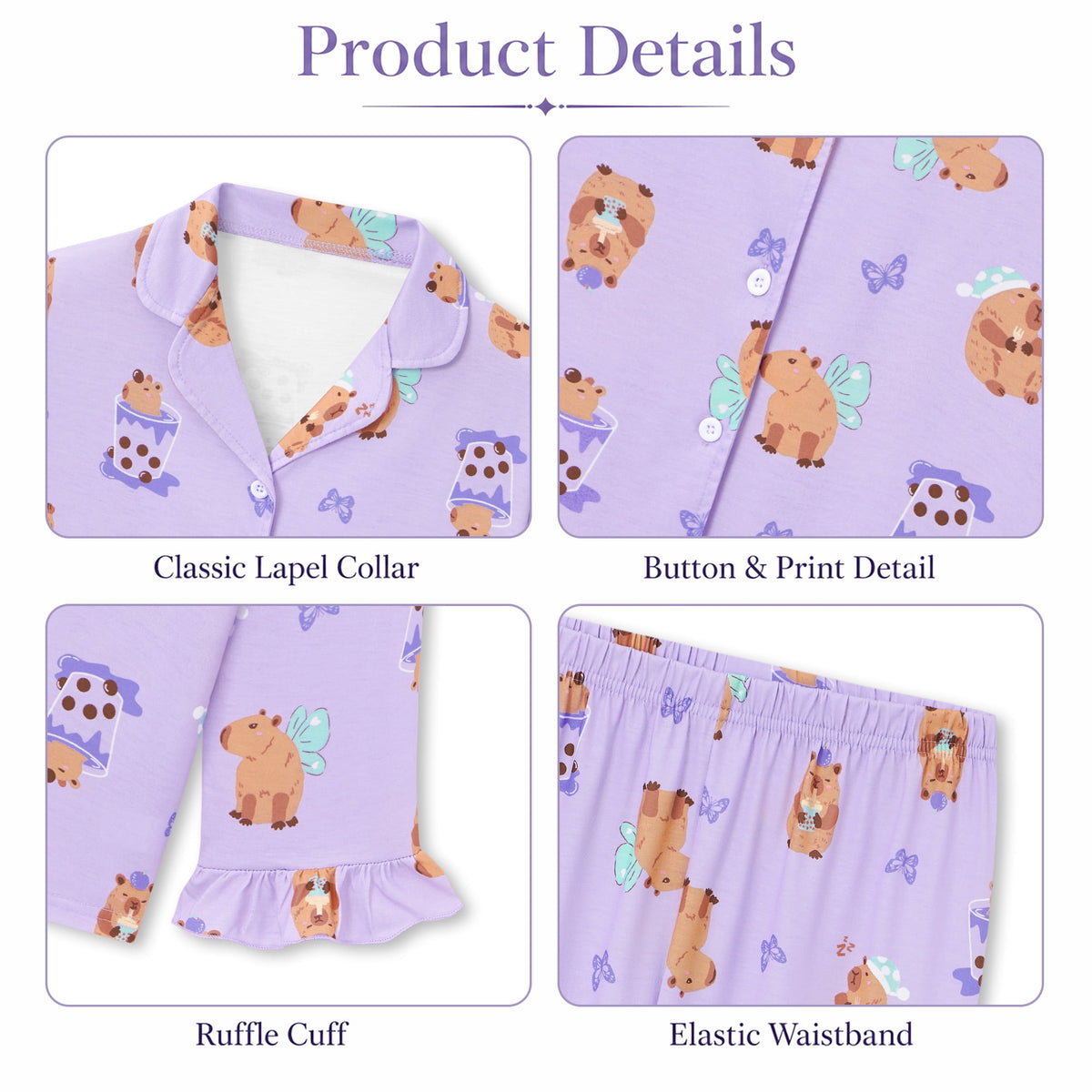 Beezizac Girls’ Long Sleeve Button-Down Pajama Set – Assorted Prints – Light Purple Capybara Bubble Tea (Long sleeves & Long Pants)