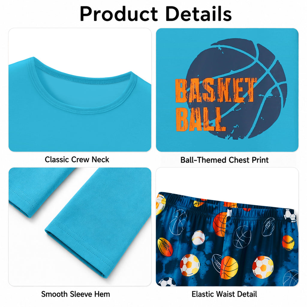 Beezizac boys pajama set — Teal‑Navy Basketball & Multi‑Sport Balls