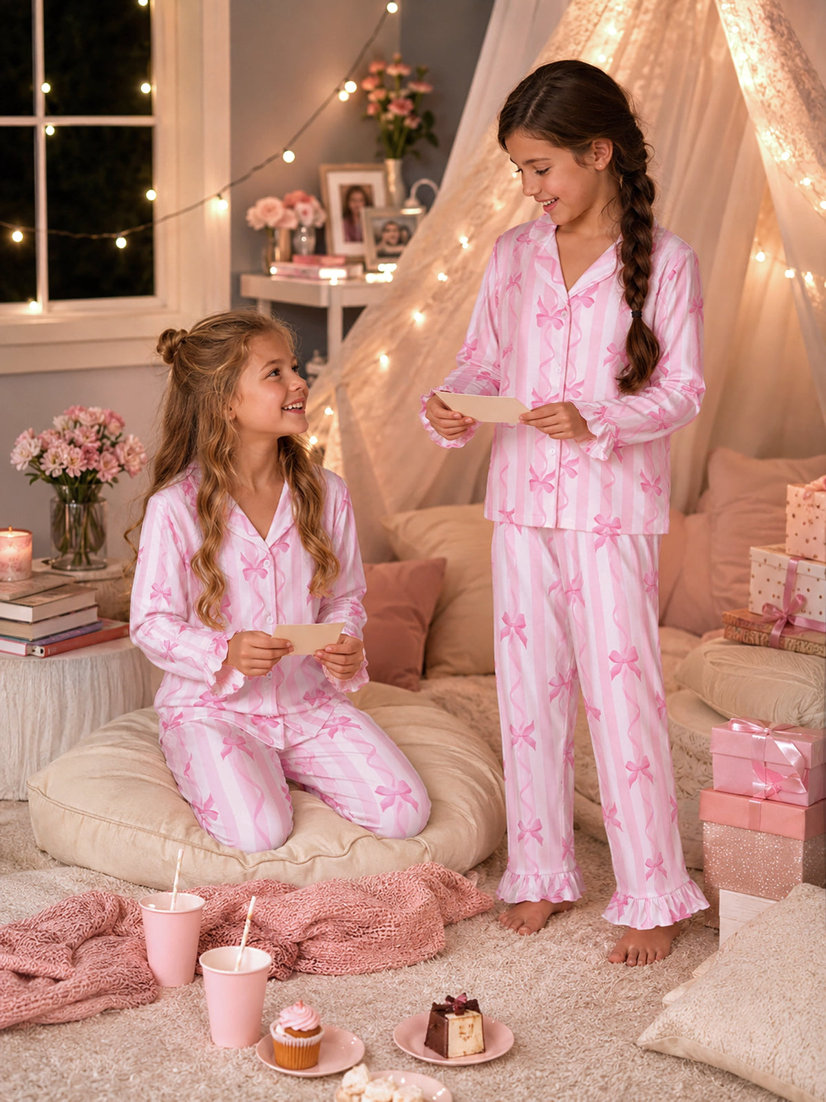 Beezizac Girls’ Long Sleeve Button-Down Pajama Set – Assorted Prints – Pink Striped Bows (Long sleeves & Long Pants)
