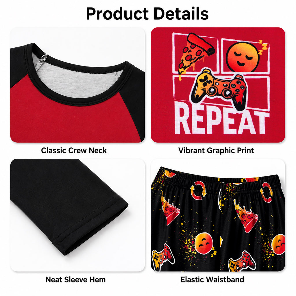 Beezizac boys pajama set — Red‑Black Raglan Repeat Pizza & Sleepy Face
