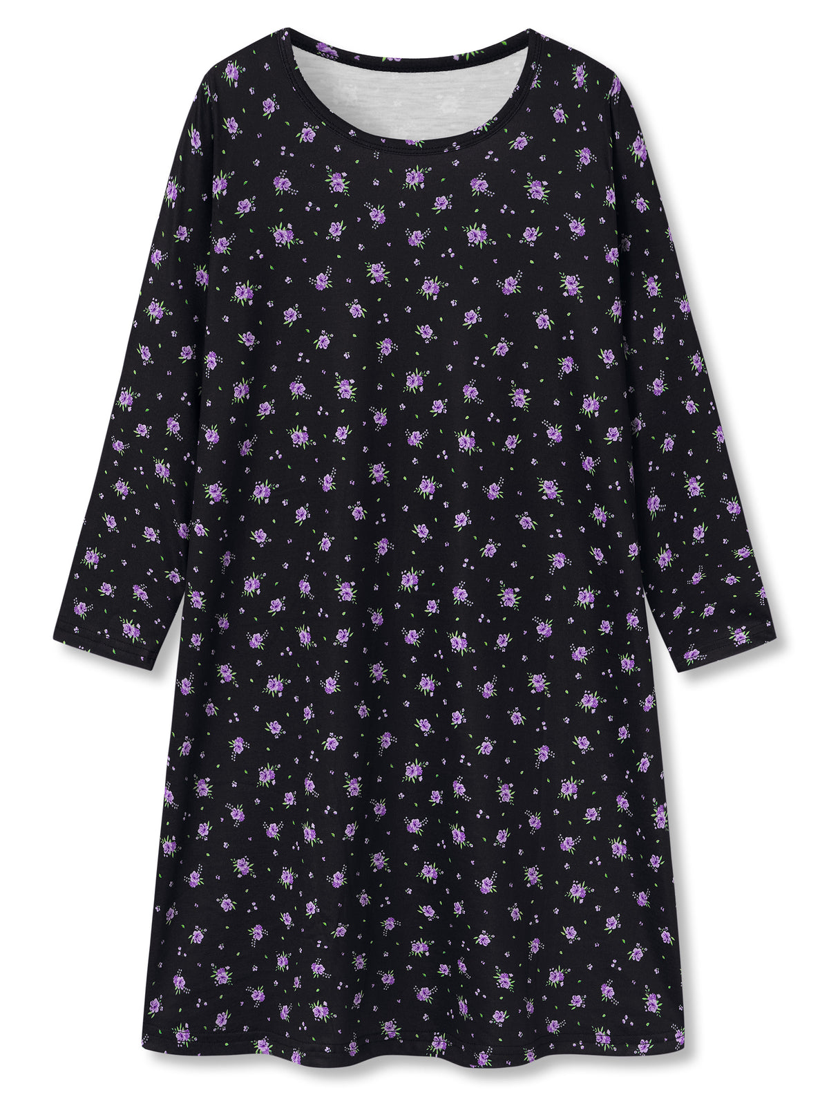 Beezizac girls long sleeve nightgown - Black Tiny Purple Floral