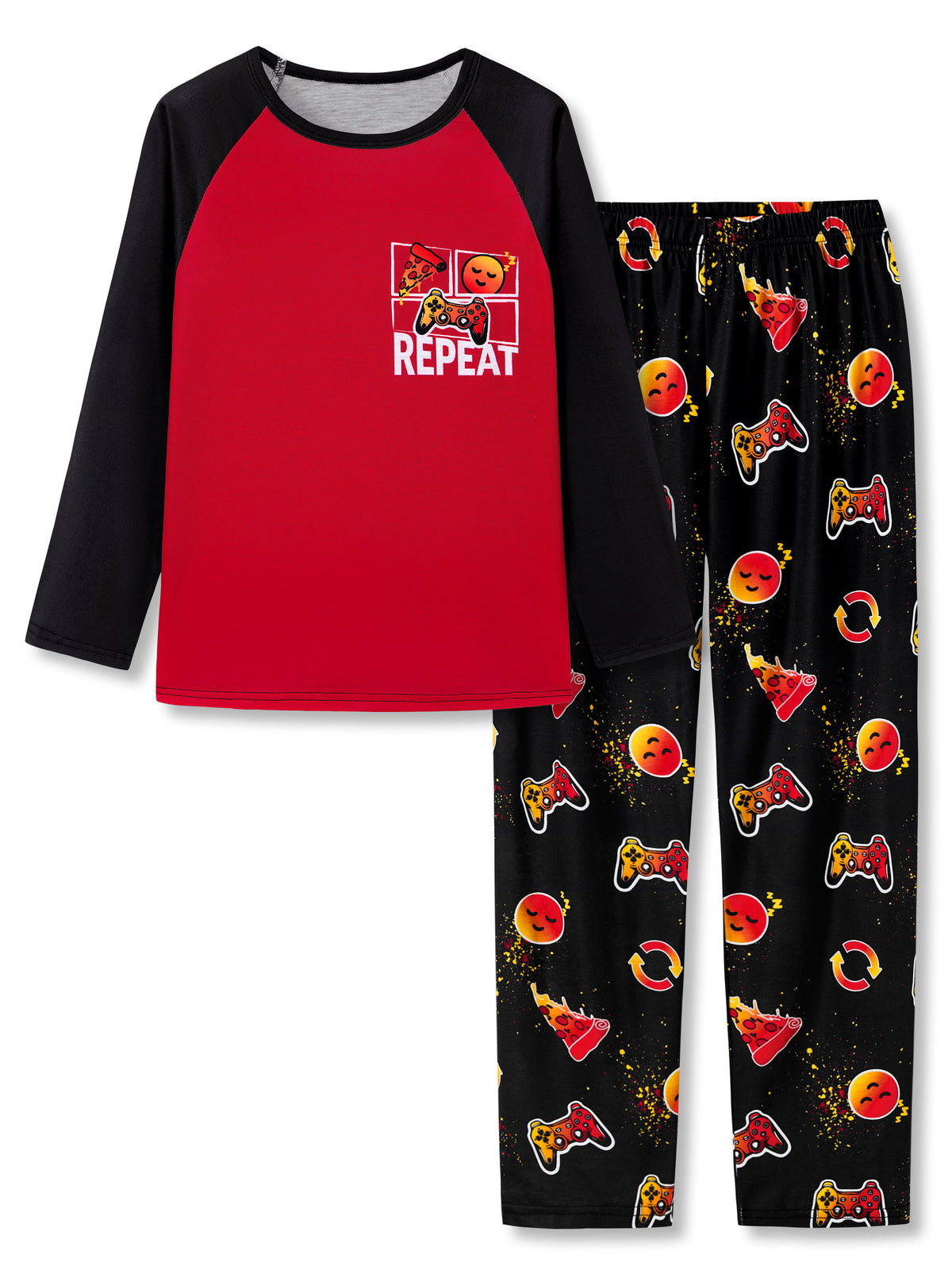 Beezizac boys pajama set — Red‑Black Raglan Repeat Pizza & Sleepy Face