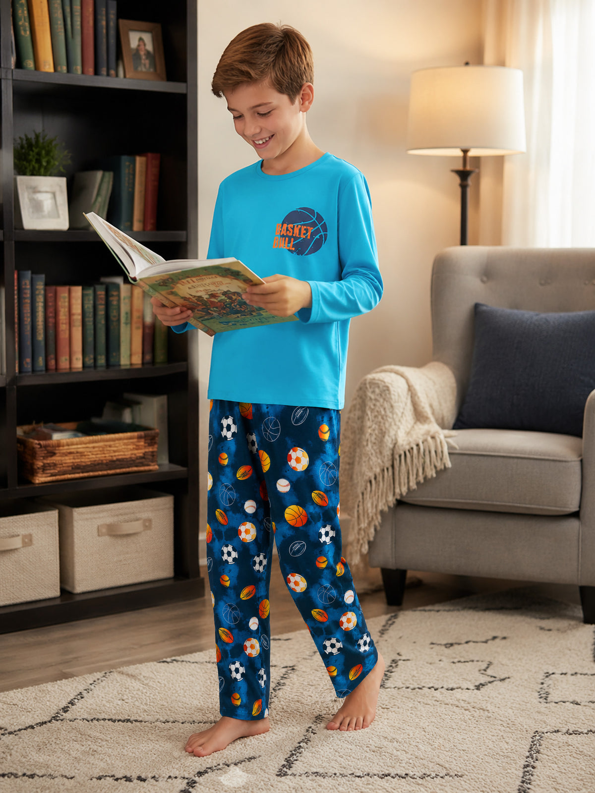 Beezizac boys pajama set — Teal‑Navy Basketball & Multi‑Sport Balls