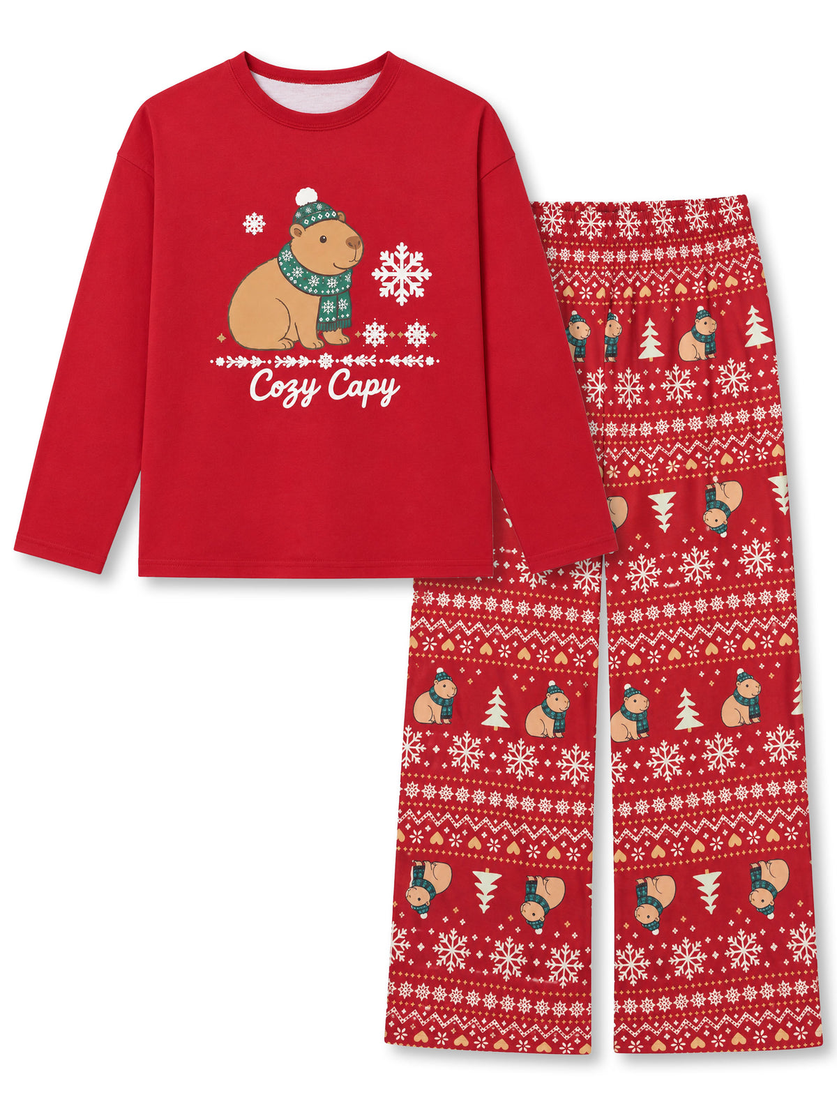 Beezizac girls pajama set - Burgundy Snowflake Fair Isle Christmas Capybara (Long Sleeve & Wide Leg Pant)