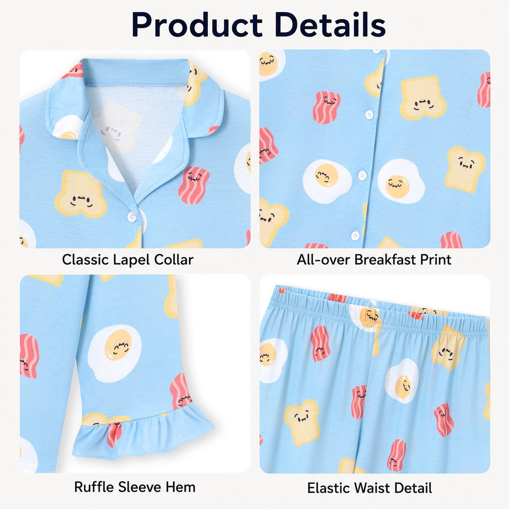 Beezizac Girls’ Long Sleeve Button-Down Pajama Set – Assorted Prints – Light Blue Cartoon Toast Bacon Fried Egg (Long sleeves & Long Pants)