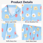Beezizac Girls’ Long Sleeve Button-Down Pajama Set – Assorted Prints – Light Blue Cartoon Toast Bacon Fried Egg (Long sleeves & Long Pants)