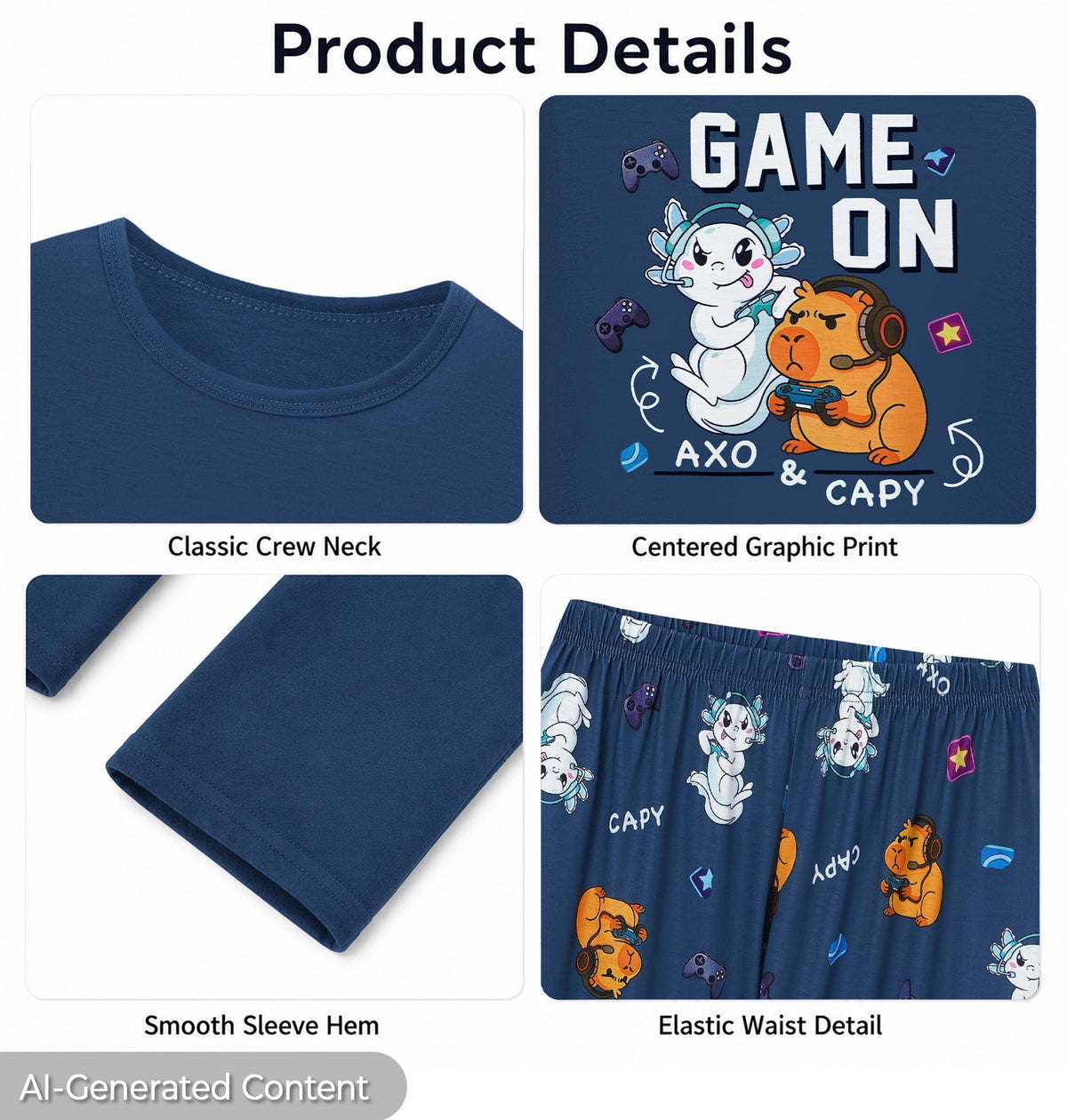 Beezizac Boys’ 2-Piece Long Sleeve Pajama Set – Sports, Gaming & Character Prints – Blue "Game On" Capybara & Axolot