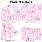 Beezizac Girls’ Long Sleeve Button-Down Pajama Set – Assorted Prints – Pink Striped Bows (Long sleeves & Long Pants)