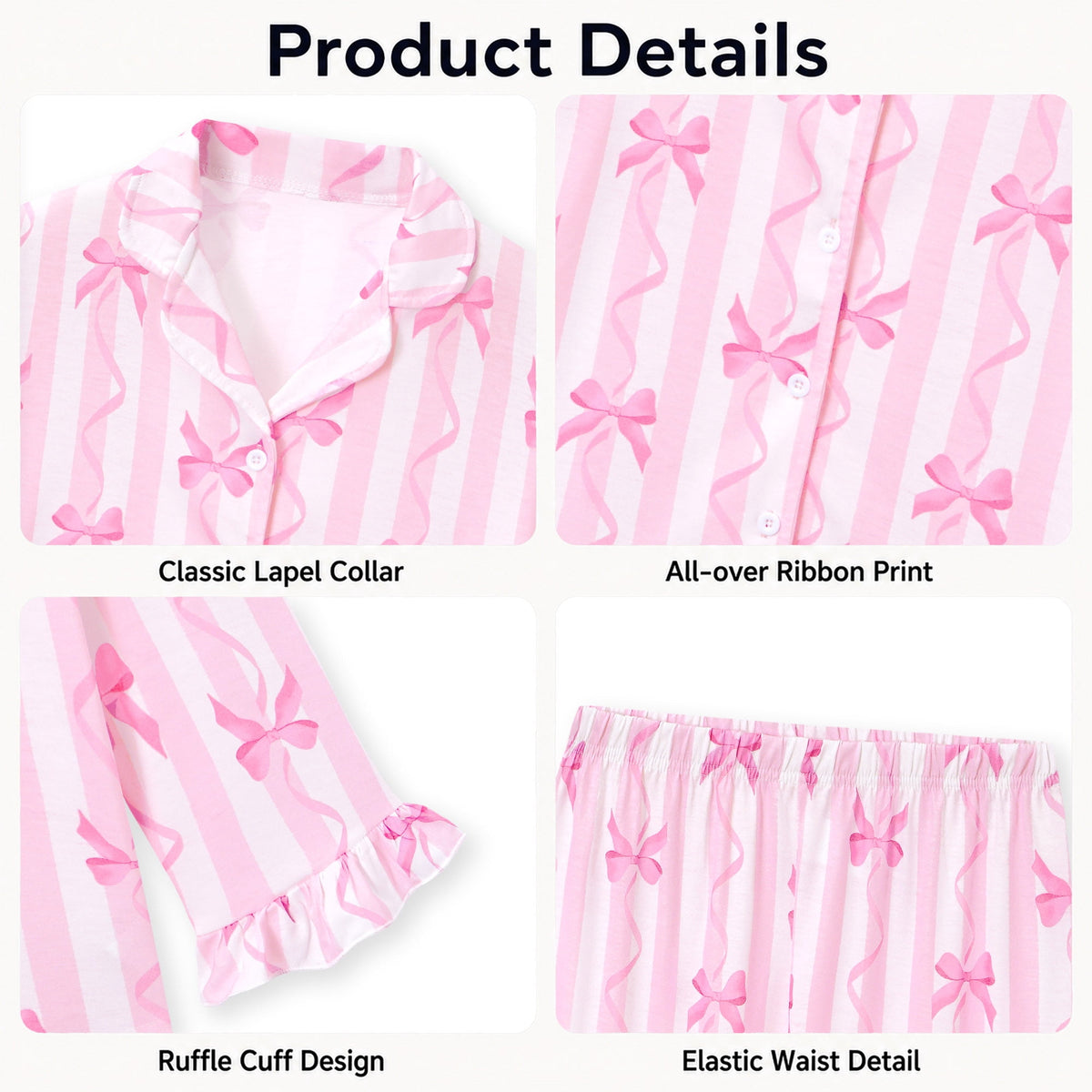 Beezizac Girls’ Long Sleeve Button-Down Pajama Set – Assorted Prints – Pink Striped Bows (Long sleeves & Long Pants)