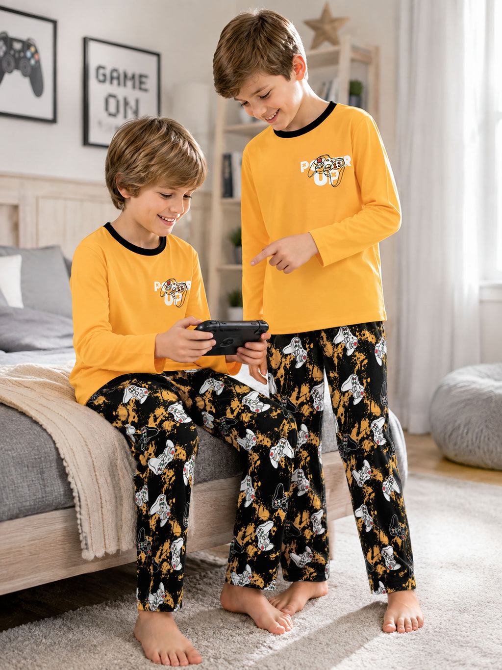 Beezizac boys pajama set — Yellow‑Black Game Controller