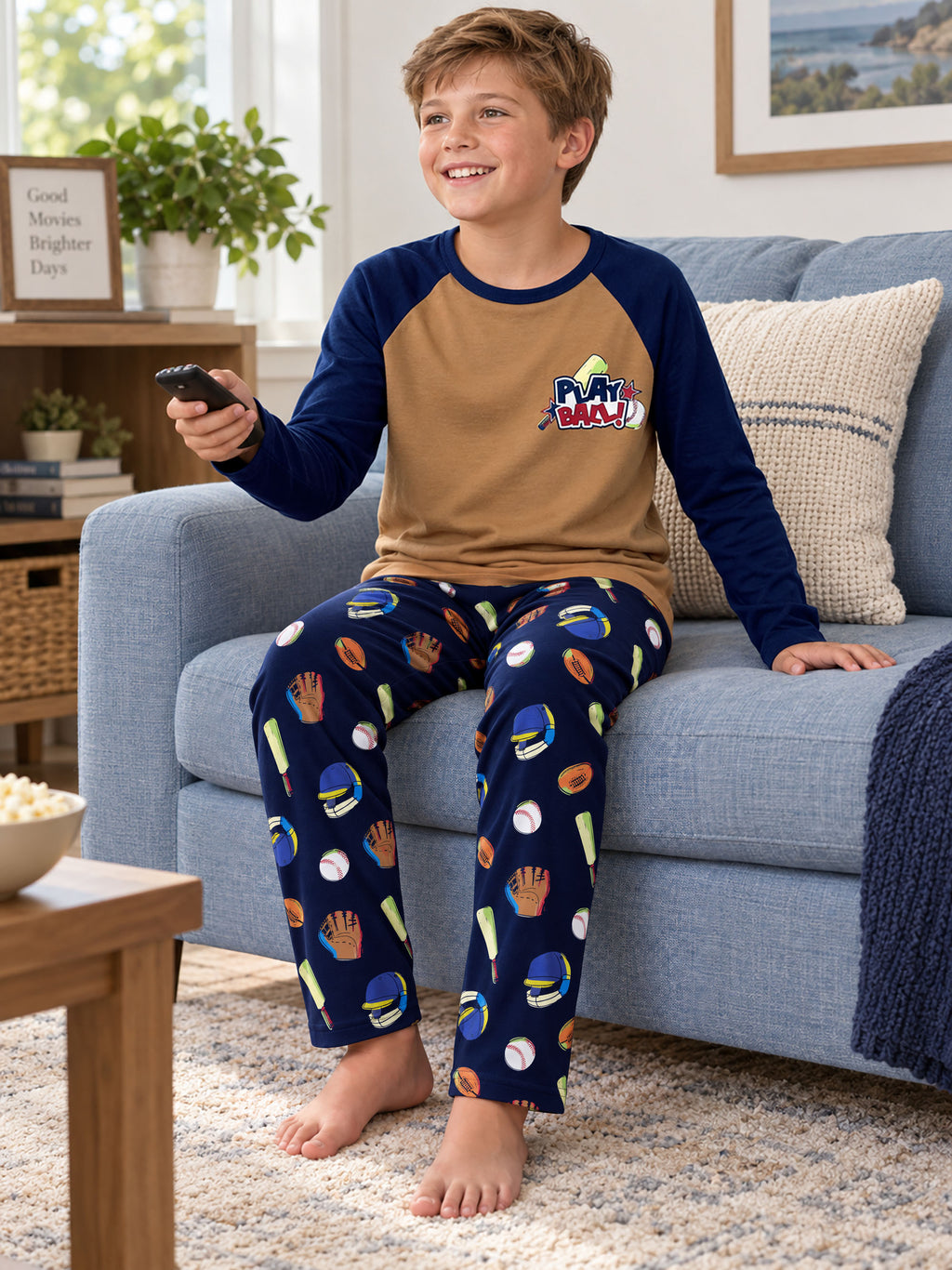 Beezizac boys pajama set — Tan‑Navy Baseball Sports