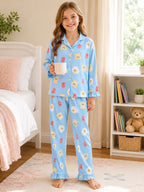 Beezizac Girls’ Long Sleeve Button-Down Pajama Set – Assorted Prints – Light Blue Cartoon Toast Bacon Fried Egg (Long sleeves & Long Pants)