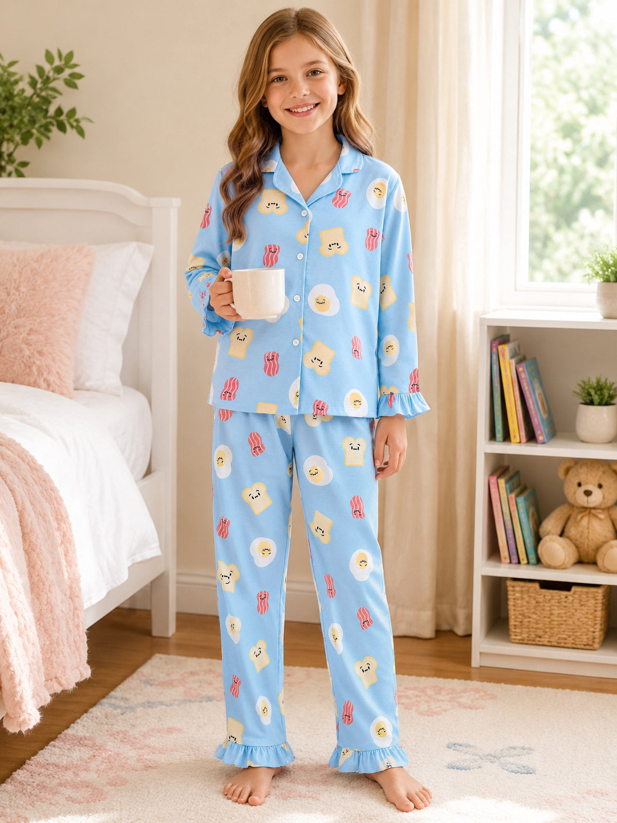 Beezizac Girls’ Long Sleeve Button-Down Pajama Set – Assorted Prints – Light Blue Cartoon Toast Bacon Fried Egg (Long sleeves & Long Pants)