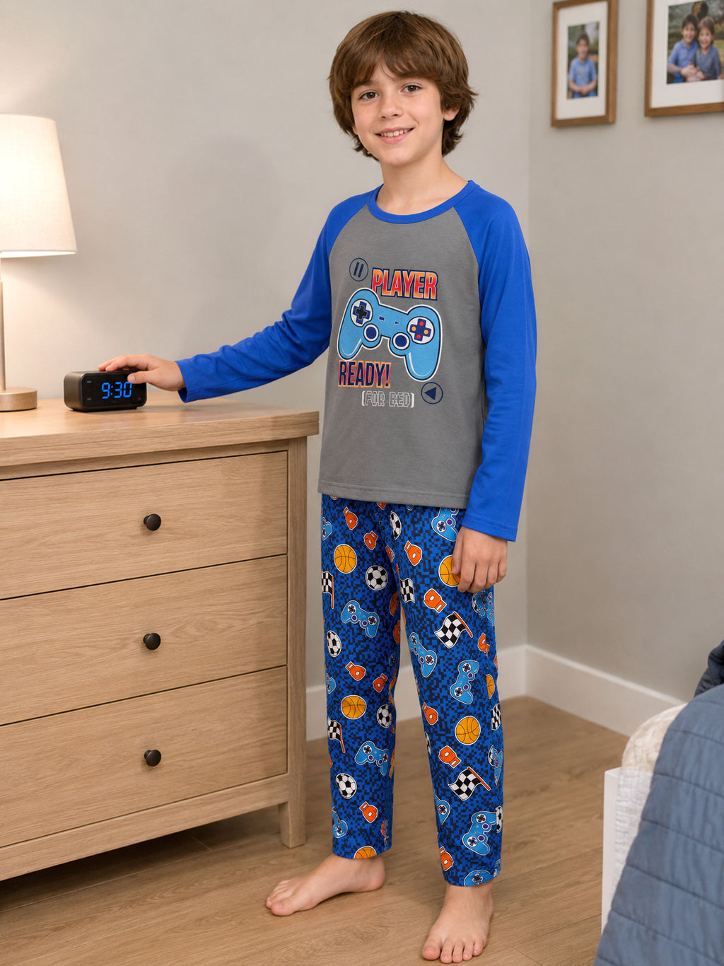 Beezizac boys pajama set — Grey‑Blue Raglan Player Ready Game‑Sports