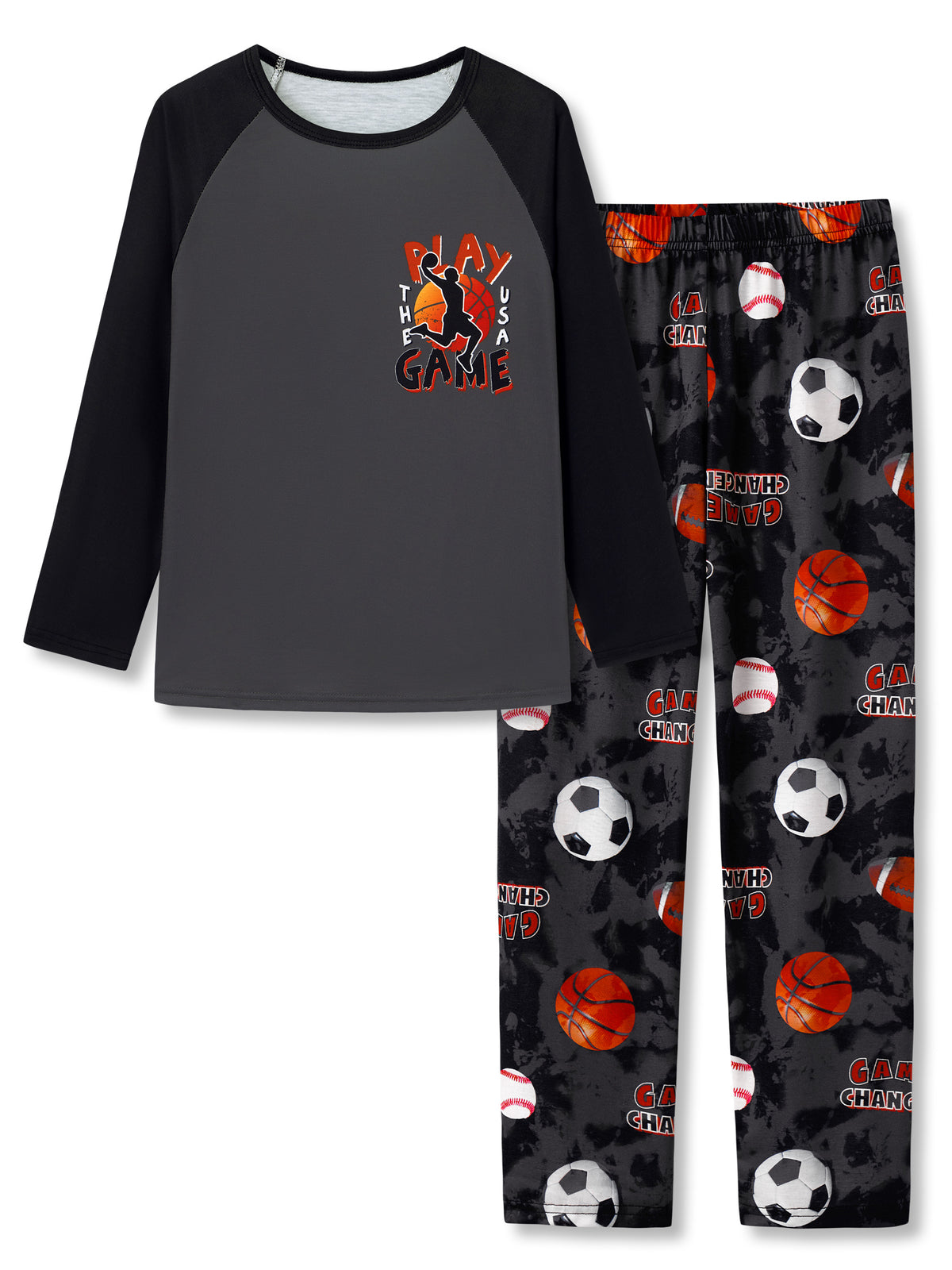 Beezizac boys pajama set — Grey‑Black Raglan Play The Game Multi‑Sport