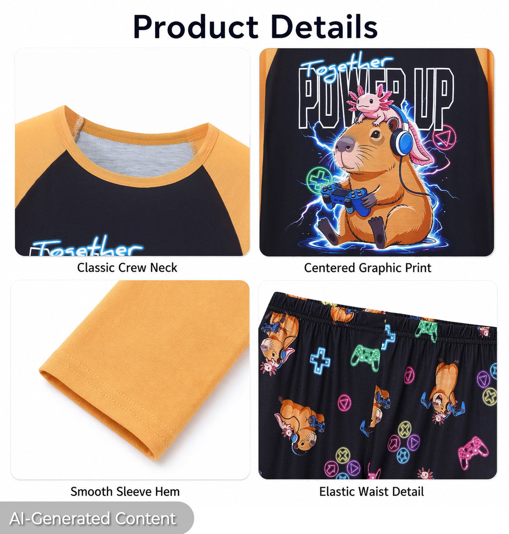 Beezizac Boys’ 2-Piece Long Sleeve Pajama Set – Sports, Gaming & Character Prints – Black Orange "Power Up" Capybara & Axolotl