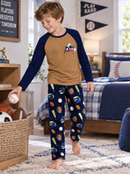 Beezizac boys pajama set — Tan‑Navy Baseball Sports